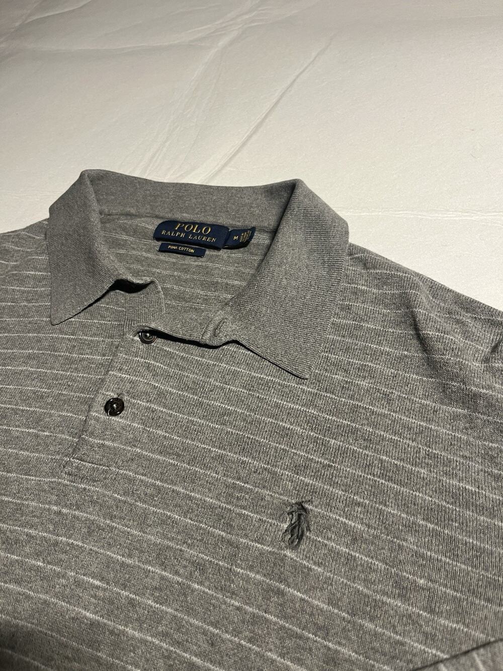 Polo Ralph Lauren Men’s M Pima Cotton Gray Striped Long Sleeve Polo Sweater